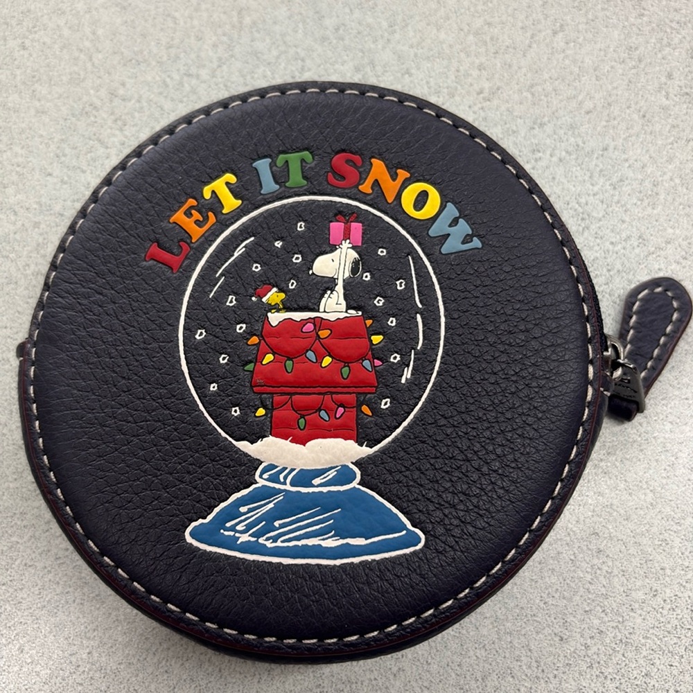 Coach X Peanuts Round Pebble Leather Coin Purse, Snoopy Let It Snow